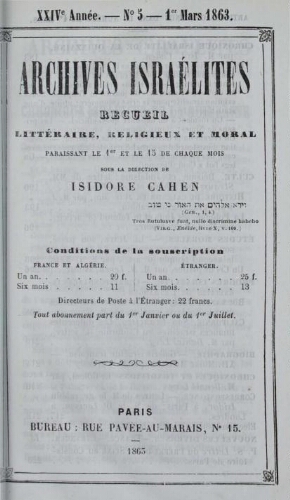 Archives israélites de France. Vol.24 N°05 (01 mars 1863)
